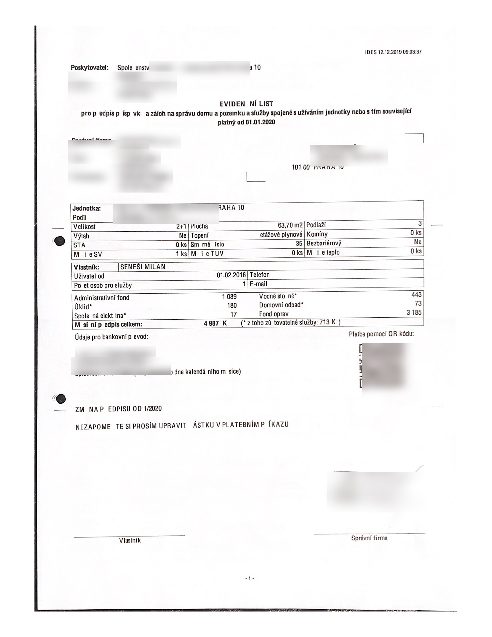 Evidenční list — vstupní dokument