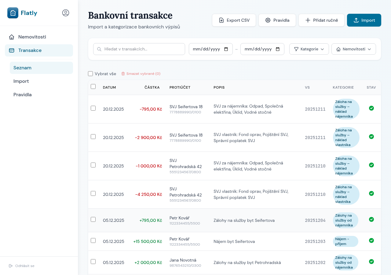 Bankovní transakce s automatickou kategorizací
